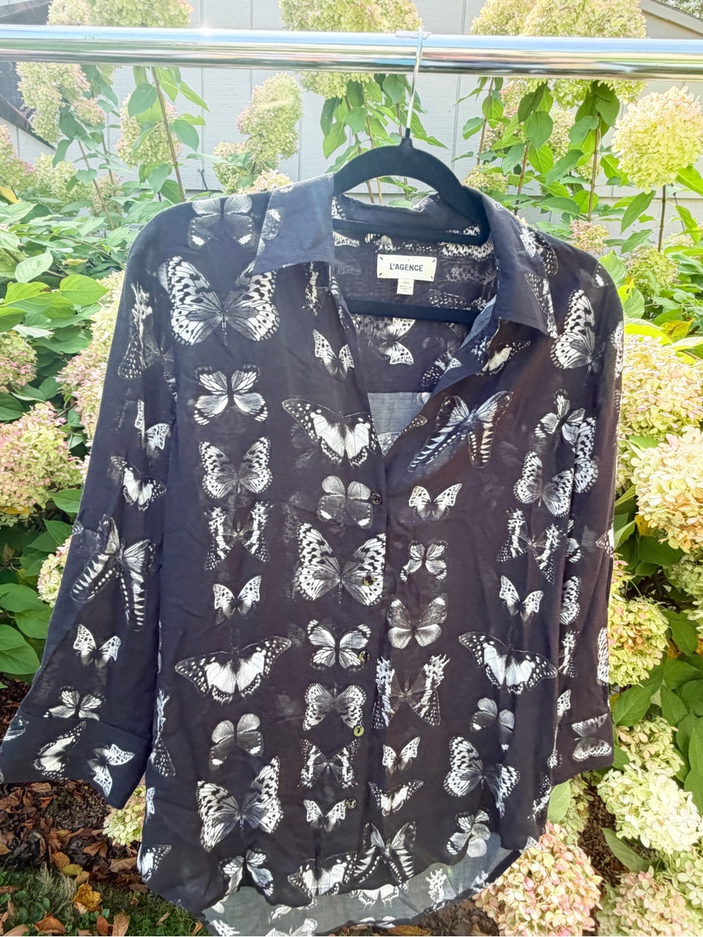 L'AGENCE Black Button-Front Butterfly Print Shirt